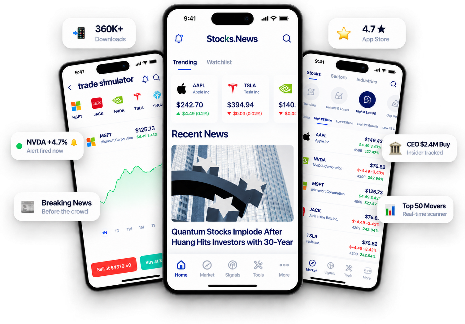Stocks.News app showing trending stocks, breaking news, insider trades, and real-time alerts