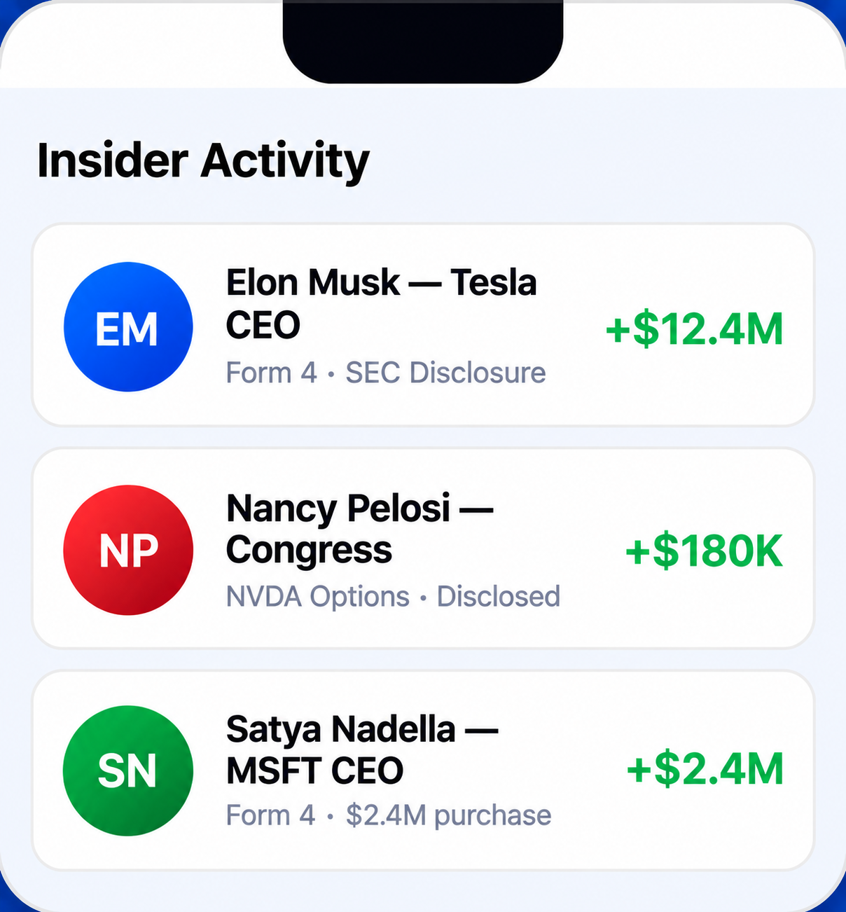 Insider Activity — real-time SEC filings from executives and public officials